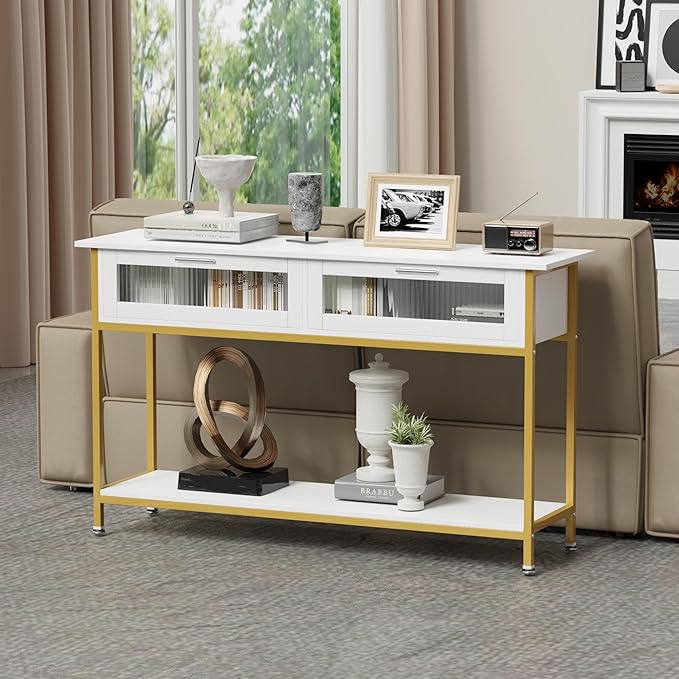 Aetheris 47" Console Table with 2 Drawers, 2 Tier Sofa Table with Storage,Entryway Table, Industrial Console Table for Entryway, Sofa Table Behind Couch for Living Room (White Gold)-NeatNest