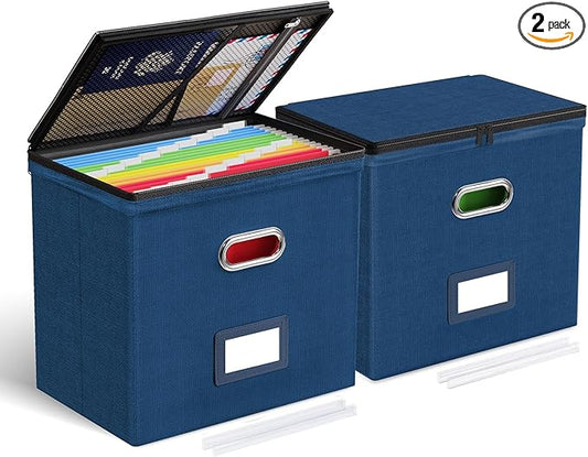 Oterri File Organizer Boxes with Lids, File Box with Mesh Pockets, Document Organizer Box for Letter Size Folders, Zippers Important Document Organizer (Dark Blue, Small-2 Pack Without Folders)