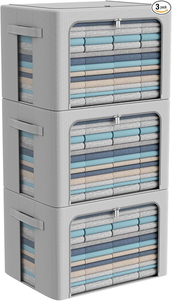 3Pack Frame Storage Box - Clothes Storage Bin Bags Oxford Fabric Foldable Stackable Container Organizer Set with Clear Window & Carry Handles Large Capacity (Grey, Large-66L)-NeatNest