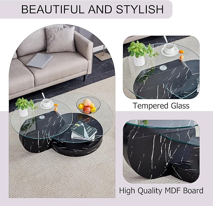Glass Coffee Tables for Living Room Round Coffee Tables Modern Double Layer Round Table Circle Coffee Table for Small Space Home Office (42 Inch Black)
