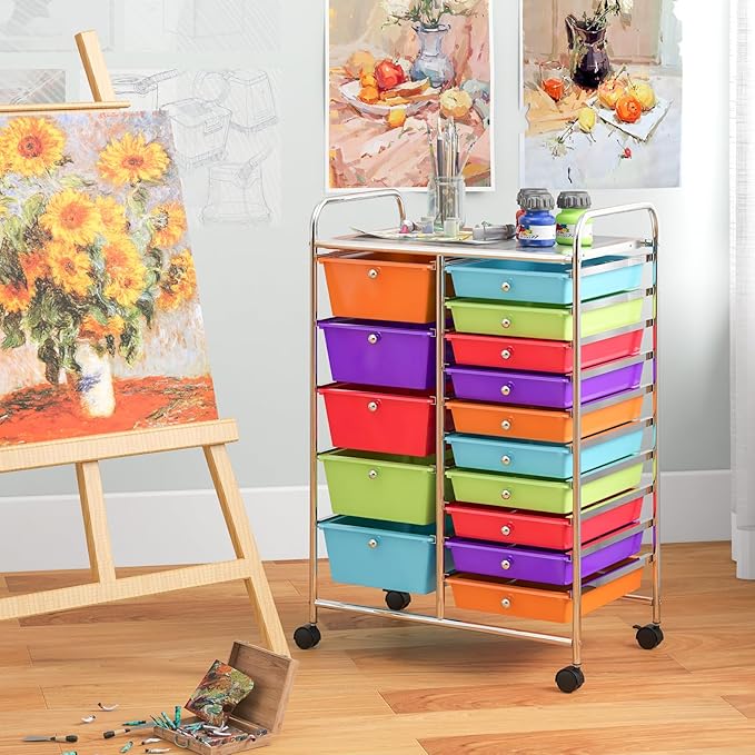Giantex 15-Drawer Organizer Cart Office School Storage Cart Rolling Drawer Cart for Tools, Scrapbook, Paper (Multicolor)