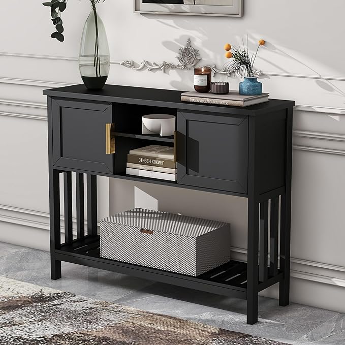 Entryway Console Table with 2 Doors & Storage & Shelf, Sofa Table Entrance Entry Way Table, Hallway Foyer Behind Couch Table (Black with 2 Doors)-NeatNest