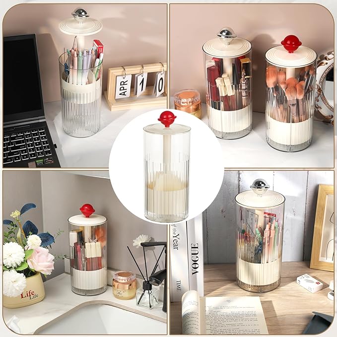 2 Pack Makeup Brush Holder with Lid Automatic Lifting Makeup Brush Organizer with Lid Dustproof & Waterproof 4-Compartment Clear Makeup Organizer for Vanity,Office,School,Dorm Room,Red+Silver-NeatNest