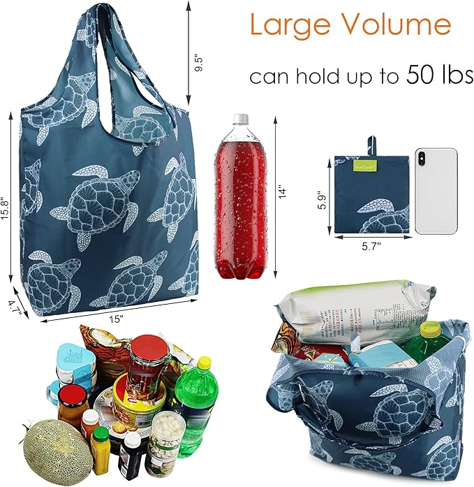 BeeGreen Turtle Gifts Reusable Grocery Bags - Large 6 Pack Tote with Handles Foldable & Machine Washable Polyester - Shopping Baskets with Pouch for Women (Collapsible Animal Design Gift)-NeatNest