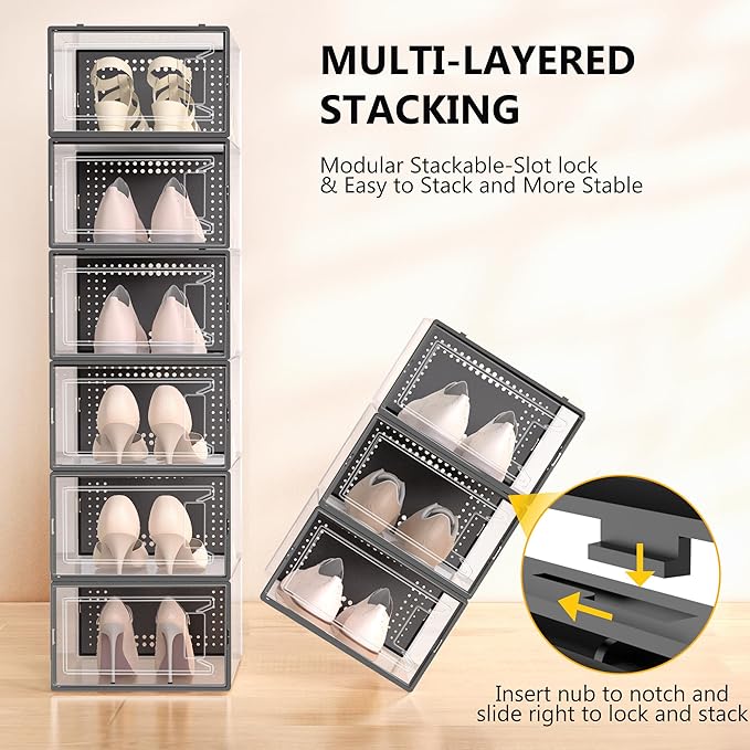 12 Pack Large Shoe Organizer Storage Boxes for Closet, Modular Space Saving Shoe Boxes Clear Plastic Stackable Sneaker Containers Display Case with Lids, Black05-NeatNest