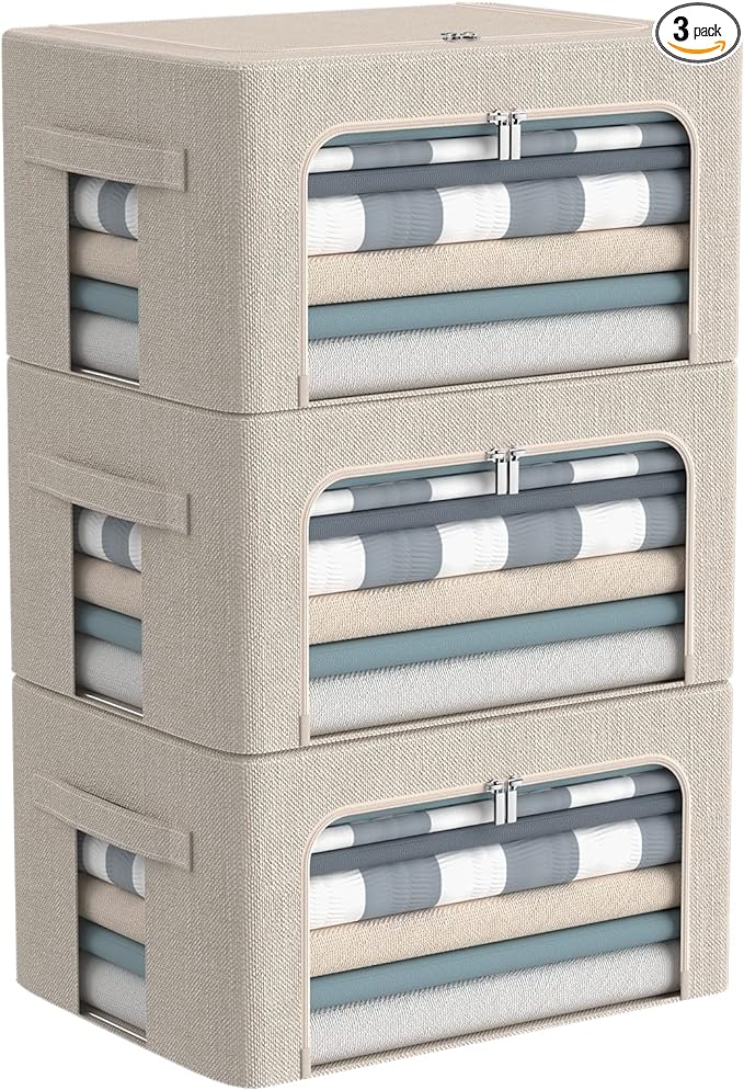 3Pack Foldable Storage Bins - Frame Storage Box Linen Fabric Stackable Clothes Container Organizer with Clear Window & Carry Handles Large Capacity (Small-22L, Beige)-NeatNest
