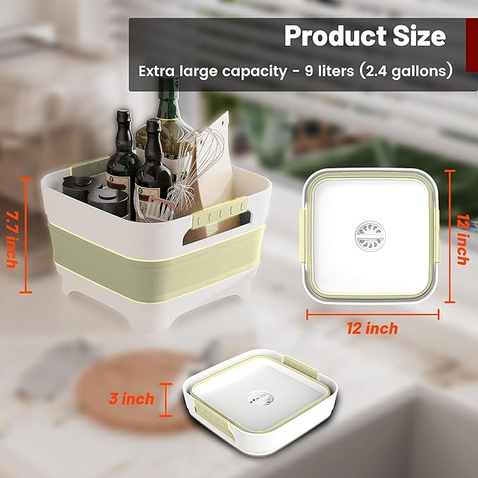 2.4 Gal Collapsbile Wash Basin with Drian Plug,9L Dish Pan for Soaking Baby Bottles,Portable Sink, Multiuse Foldable Bucket,Ice Beverage Tubs for Camping, Vegetable Washing, RV (Green)-NeatNest