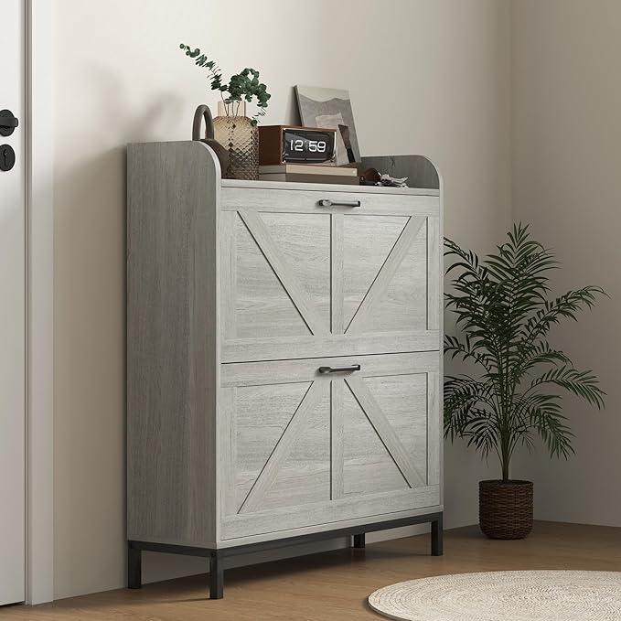 HOMCOM Shoe Storage Cabinet with 2 Flip Drawers, Legs, Farmhouse Freestanding Narrow Shoe Cabinet, Slim Hidden Rack Organizer for Entryway, Hallway, Light Gray Wood Grain-NeatNest