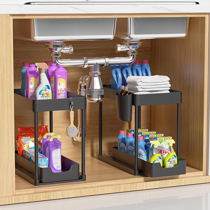 2 Pack Under Sink Organizer with Sliding Basket - 2 Tier Metal Cabinet Storage Shelf for Bathroom, Kitchen Sink - Adjustable Shelves, Space Saver,Black-NeatNest