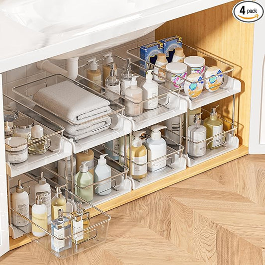Vtopmart 4 Pack Bathroom Organizer, 2 Tier White Under Sink Organizers Vanity Countertop Storage Container,Cabinet Drawers Bins, Pull-Out Organization with Track for Pantry, Kitchen-NeatNest