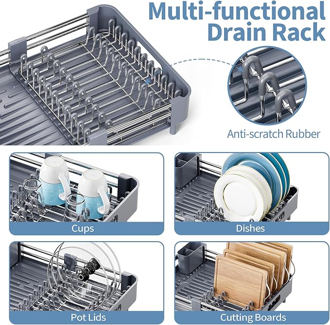 Dish Drying Rack for Kitchen Counter, Extendable Dish Rack with Drainboard, Collapsible Dish Drainer, Expandable Dish Strainer with Cutlery Holder, Foldable Home Countertop Plate Storage Rack, Gray