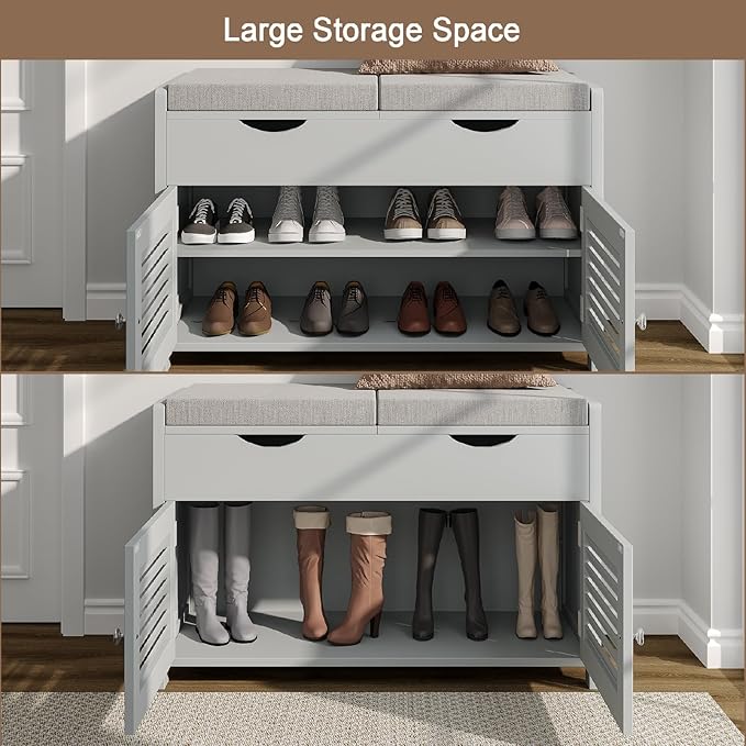 ChooChoo Shoe Storage Bench with Lift Top Storage, Entryway Bench with 2 Cushioned Seats, 3 Compartments, Adjustable Shelf, Shoe Cabinet for Entryway, Bedroom, Living Room, Grey-NeatNest