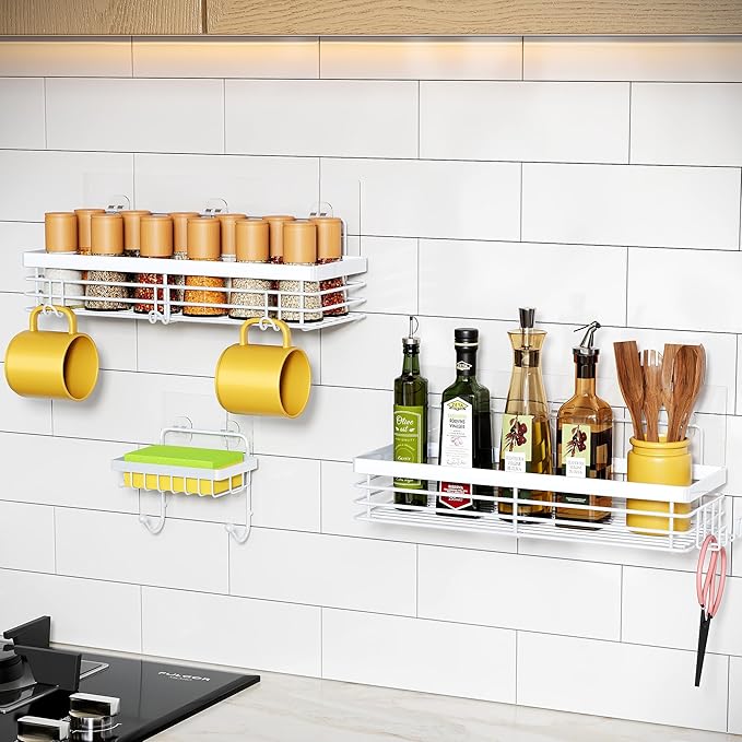 Orimade Adhesive Shower Caddy Soap Dish Holder Shelf with 5 Hooks Bathroom Organizer Basket Kitchen Storage Rack Wall Mounted No Drilling Stainless Steel - 3 Pack, White