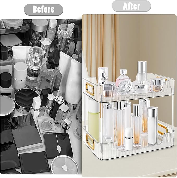 2-Tier Bathroom Counter Organizer Countertop Storage, Dresser Organizer Vanity Tray for Makeup, Perfume Organizer Cosmetics Skincare Shelf - Clear-NeatNest
