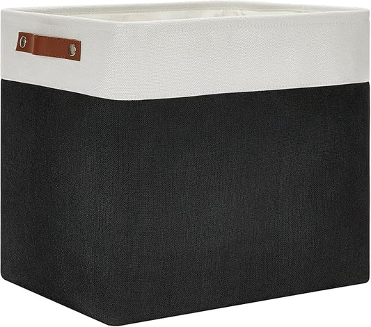 DULLEMELO Large Fabric Basket for Organizing, 17"x12"x15" Storage Basket With Leather Handles, Collapsible Storage Bin for Clothes, Toys, Books, Office, Bedroom, Closet, Nursery&Laundry (White&Black)-NeatNest