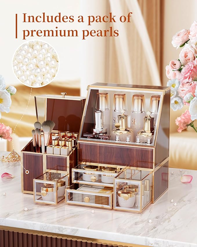 Glass Makeup Storage for Vanity and Bathroom Countertop – Large Cosmetic Display Case and Skincare Storage Solution