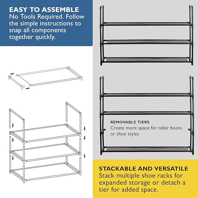 Sundaze Shoe Rack - 3 Tier Shoe Rack for Front Door Entrance, Sturdy Long Shoe Organizer for Closet, Bedroom, Entryway, Garage, Non Woven Fabric Shelf, Black, Holds Up to 15 Pairs-NeatNest