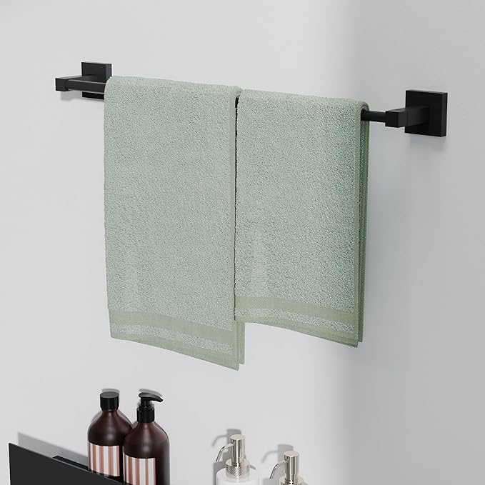 RUACQ Adjustable Towel Bar 13.8 to 24 inch,Square Base Single Towel Racks for Bathroom,Stainless Steel Towel Holder Wall Mounted,Sturdy and Rustproof(Matte Black)
