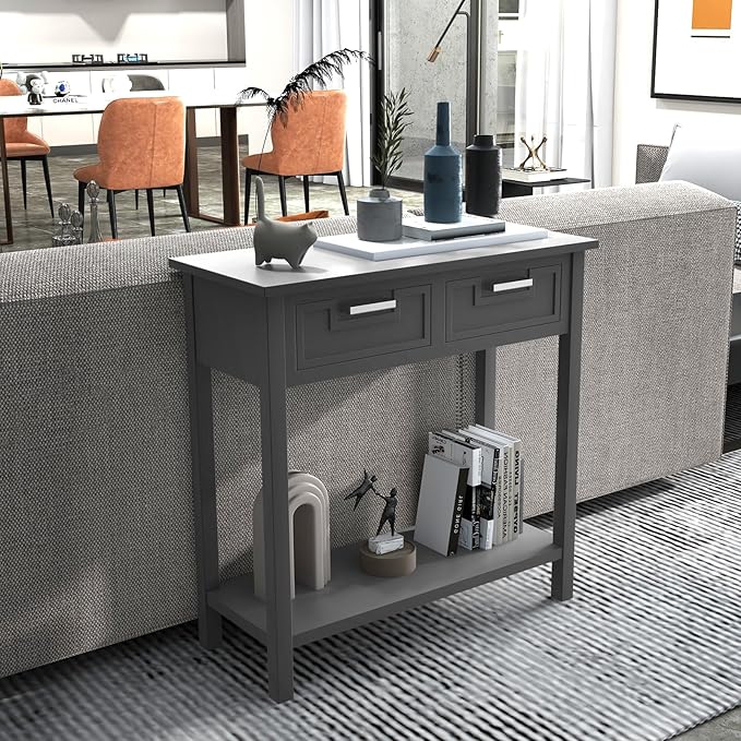 GOFLAME Small Console Table with 2 Drawers, 31” Entry Table with Storage Shelf, Modern, Narrow Sofa Table for Living Room, Hallway, Entrance (Gray)-NeatNest
