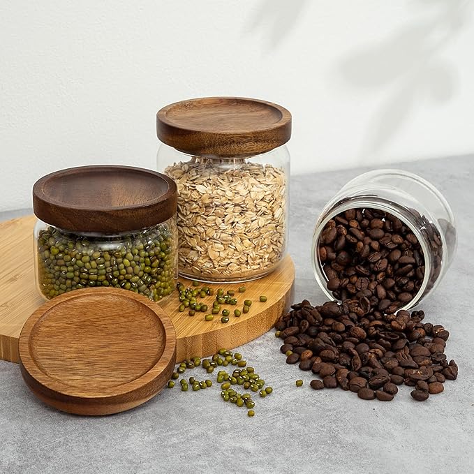 2PCS Small Glass Storage Jars with Airtight Lids, 17 fl oz (500ml) coffee container with Wooden Lid, Glass Pantry Canister for Beans, Rice, Sugar and etc