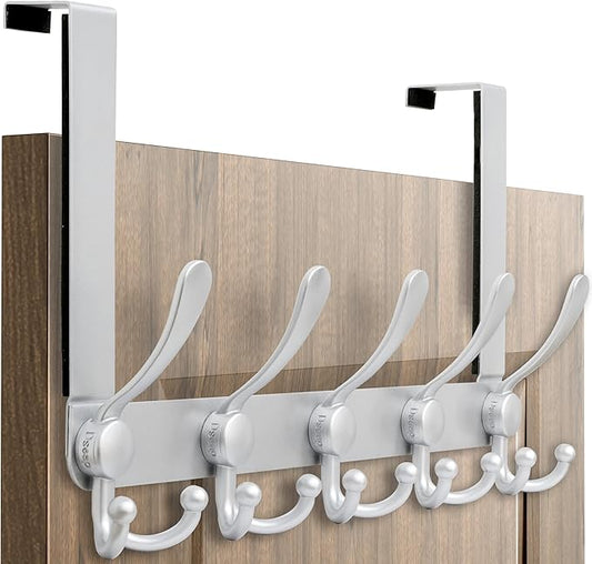 Dseap Over Door Hook 2.0 - Upgraded Version - Simple-Assembly, Strong, Heavy-Duty Stainless Steel 5-Tri-Hook Over The Door Hanger Rack, SimpleStrong Series, Silver