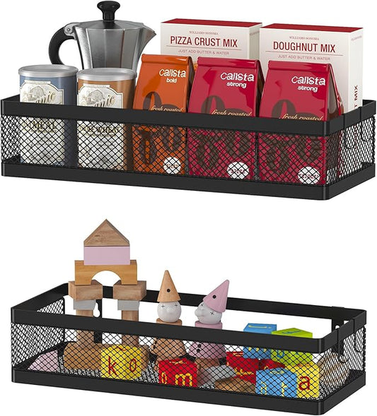 PUSDON Hanging Storage Baskets Organizer Wall Mount, Metal Wire Storage Bin Rack for Kitchen Bathroom Shower Spice Shelf Home Decor Essentials Black-2 Packs (Netting)-NeatNest