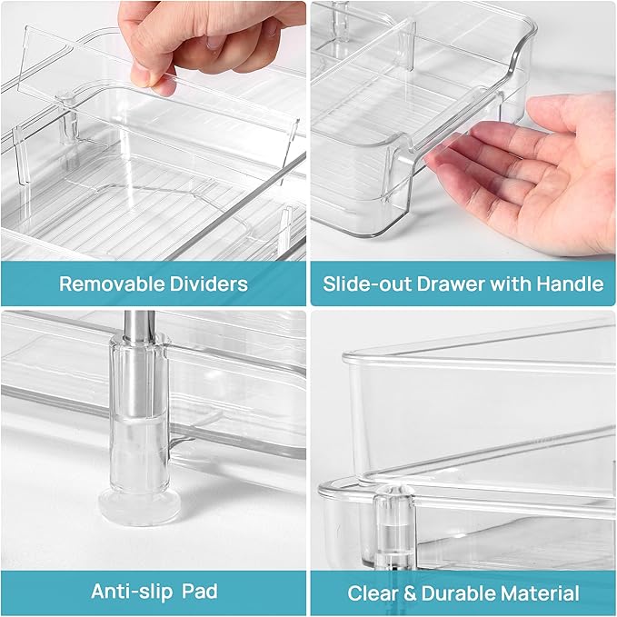Vtopmart 4 Pack 2 Tier Bathroom Under Sink Organizers and Storage, Clear Kitchen Pantry Organization, Pull Out Medicine Cabinet Organizer with Movable Dividers-NeatNest