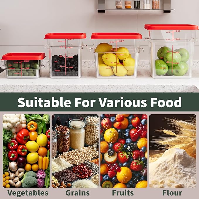 2 Quart Set of 4 Food Storage Containers,Food Containers with Lids and Handles,Square Commercial Food Containers for Kitchen, Restaurant，Refrigeration etc