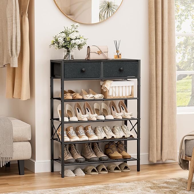 Shoe Rack for Entryway, 5 Tier Shoe Organizer with 2 Non-Woven Drawers, Metal Storage Shoe Shelf for 16-20 Pairs of Shoes, with Wooden Top and Steel Frame, Shoe Stand for Closet Black Grey-NeatNest