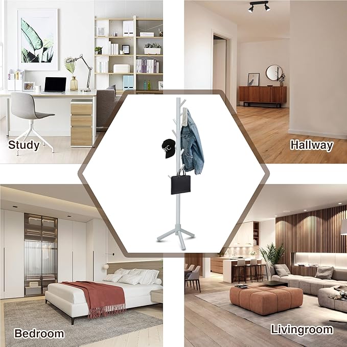 Haddockway Wooden Coat Rack Stand with 8 Hooks New Zealand Pine 3 Adjustable Coat Standing Tree Easy Assembly for Coats, Hats, Scarves and Handbags for Entryway, Hallway, Bedroom, Office-NeatNest