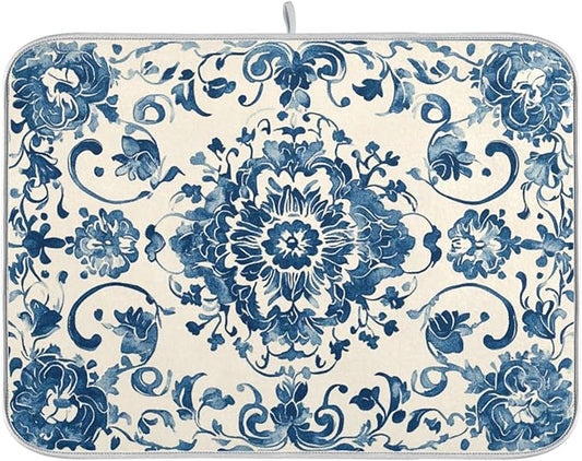 Absorbent Dishes Drainer Mat for Countertop Small Size 16 x 18, Microfiber Blue White Pattern Dish Drying Pads Kitchen Counter Draining Pad