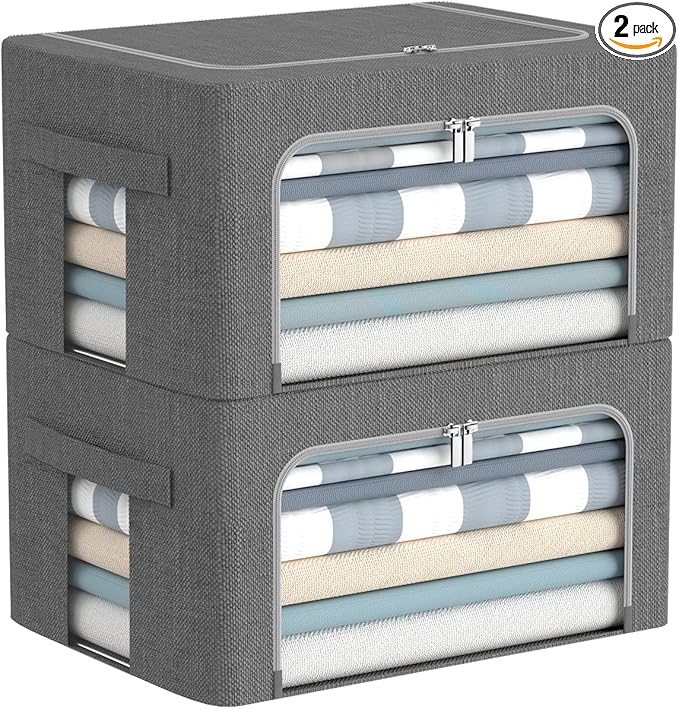 Clothes Storage Bins Box - Linen Fabric Foldable Stackable Container Organizer Set with Clear Window & Carry Handles & Metal Frame - 2Pack Large Capacity for Bedding, Blankets, Books-NeatNest
