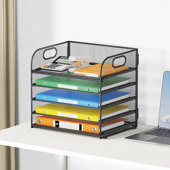 2 Pack 5-Tier Paper Organizer Letter Tray with Handle - Black Mesh Desk Paper Sorter File Organizer for Office, Home or School File Folder Holder