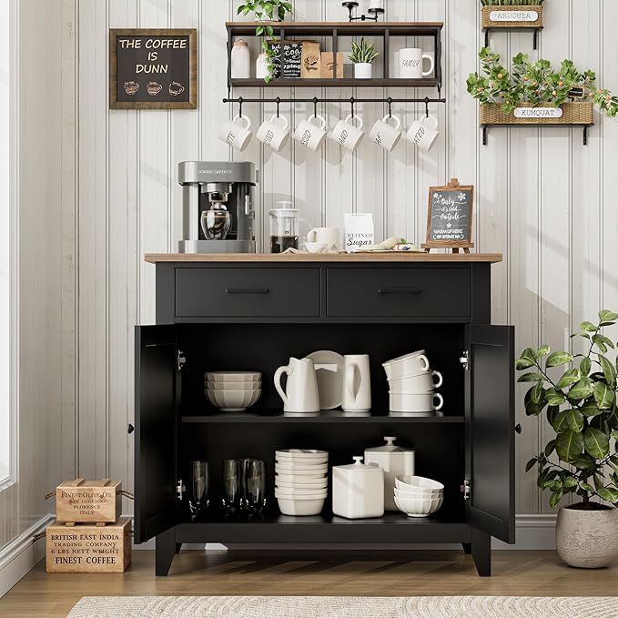 HORSTORS Kitchen Storage Cabinet, Modern Farmhouse Buffet Cabinet with Storage, Coffee Bar with 2 Drawers and 2 Doors, Floor Sideboard Buffet for Living Room, Dining Room, Bathroom, Black/Rustic Brown