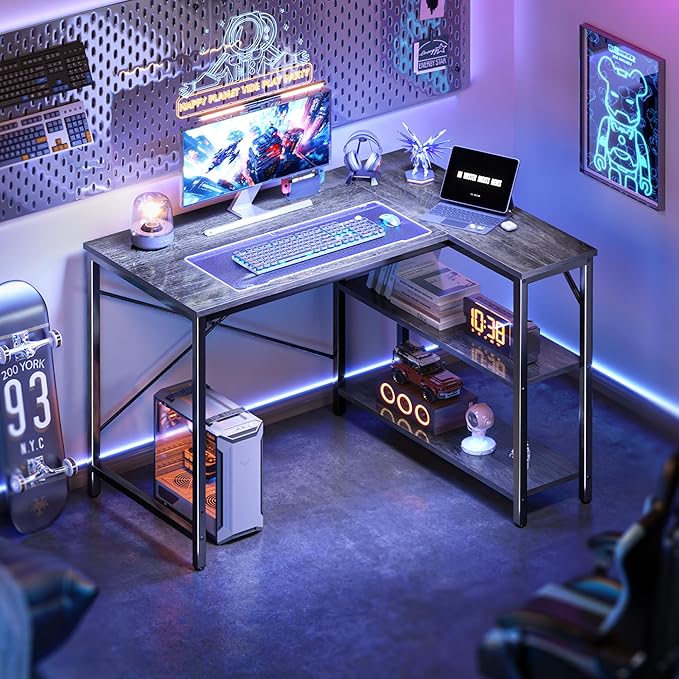 Huuger L Shaped Desk, 39 Inches Computer Desk with Reversible Storage Shelves, for Gaming Corner Home Office Writing Study, Metal Frame, Gray-NeatNest