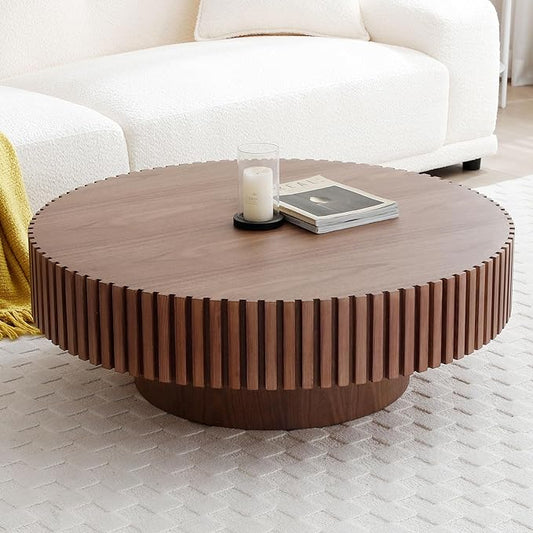 kevinplus 39.37'' Walnut Round Coffee Table for Living Room, Modern Wood Contemporary Circle Fluted Drum Style, Easy Assembly, Walnut (ø39.37'' x 13.42'')