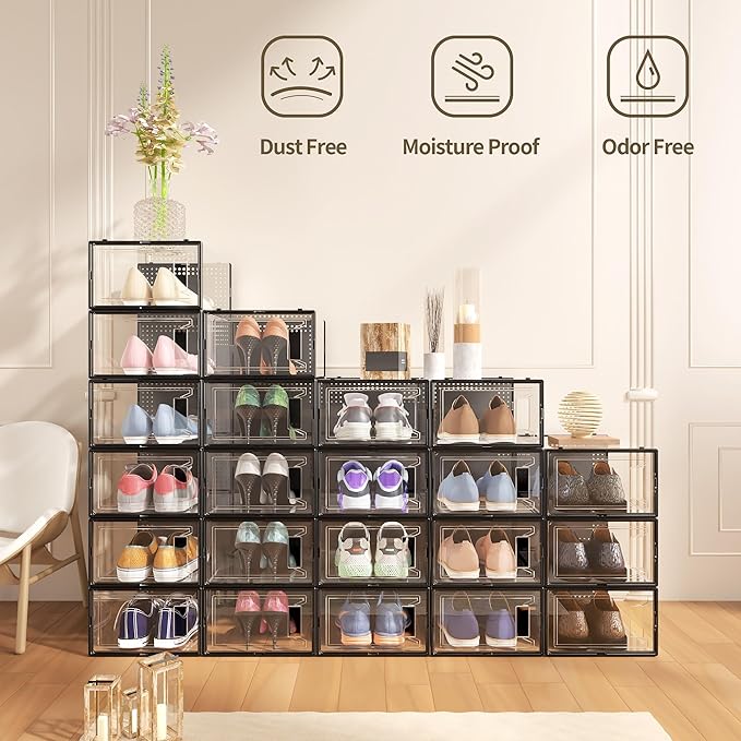 12 Pack Large Shoe Organizer Storage Boxes for Closet, Modular Space Saving Shoe Boxes Clear Plastic Stackable Sneaker Containers Display Case with Lids, Black05-NeatNest