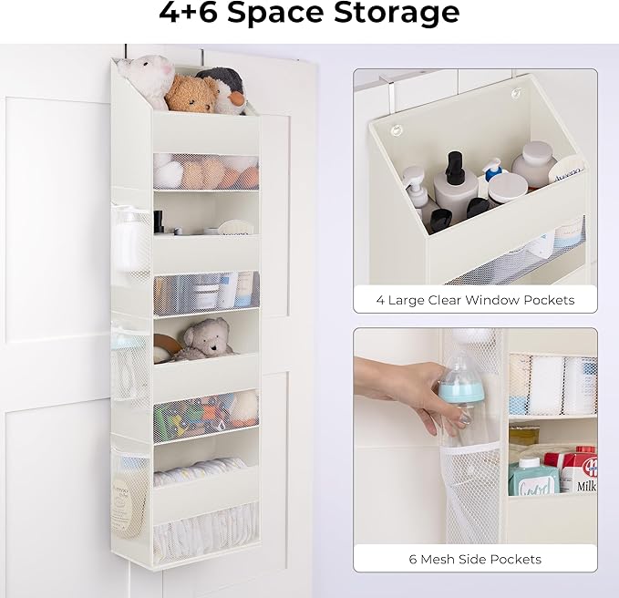 GRANNY SAYS Over The Door Organizer, 4-Shelf Behind The Door Storage with 6 Pockets and Clear Window, Anti Tilt Large Capacity Hanging Organizer for Baby Diapers, Toys, Purses, Beige, 1 Pack-NeatNest