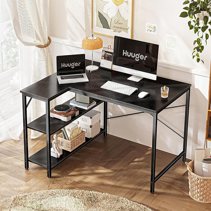 Huuger L Shaped Desk, 39 Inches Computer Desk with Reversible Storage Shelves, Gaming Desk, for Corner Home Office Writing Study, Metal Frame, Black-NeatNest