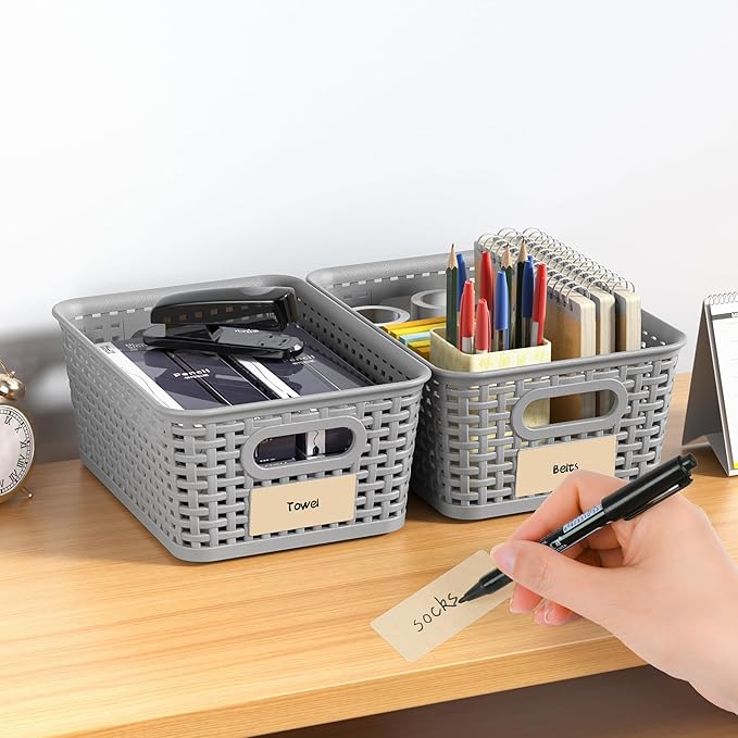 Gray Plastic Storage Baskets - Pack of 8 with Labels Stackable Durable Storage Bins, Storage Containers for Organizing Desks, Closets, Playrooms, Classrooms, Offices