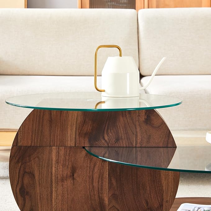 Glass Coffee Tables for Living Room Round Coffee Tables Modern Double Layer Round Table Circle Coffee Table for Small Space Home Office (42 Inch Dark Brown)