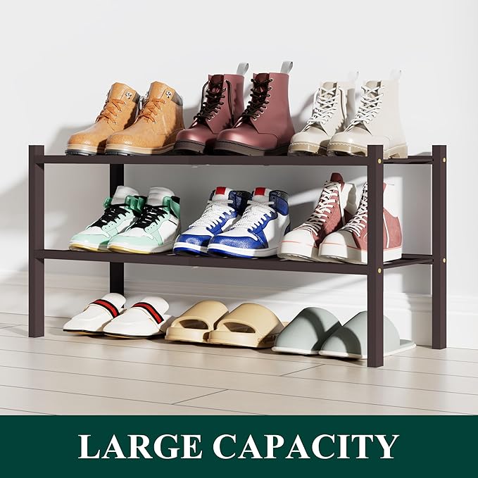 Smiry Shoe Rack, 2 Tier Bamboo Shoe Organizer, Stackable Free Standing Wooden Shoe Storage Shelf for Closet, Entryway, Front Door Entrance, Brown-NeatNest