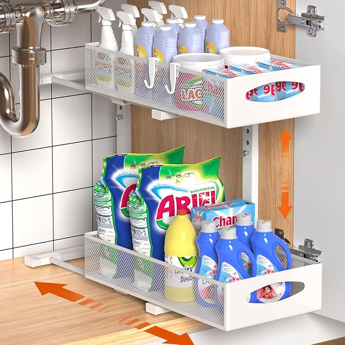 Under Sink Organizer, 2 Tier Metal Pull Out Under Sink Storage with Sliding Mesh Drawers, Height Adjustable Slide Out Under Sink Organizer Shelf for Kitchen Bathroom Cabinet, White-NeatNest