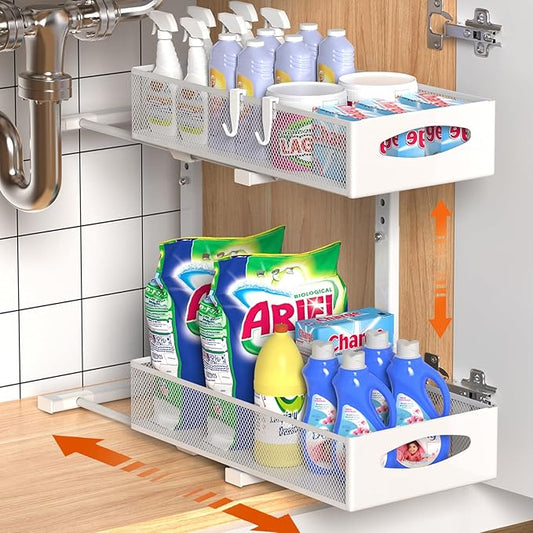 Under Sink Organizer, 2 Tier Metal Pull Out Under Sink Storage with Sliding Mesh Drawers, Height Adjustable Slide Out Under Sink Organizer Shelf for Kitchen Bathroom Cabinet, White-NeatNest