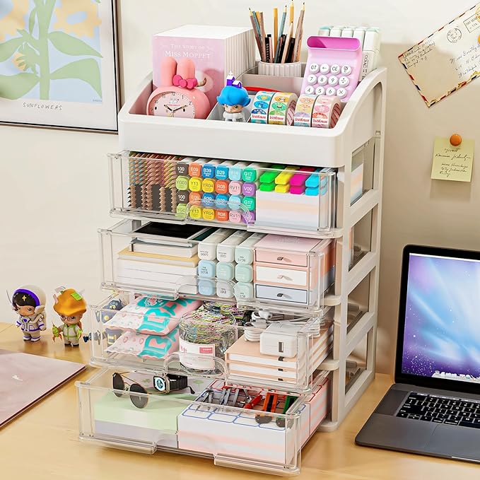 Desk Organizer with 4 Drawer Storage, Desktop Drawers Organizer for Office/School Supplies, Plastic Stationary Makeup Organizer, Desk Storage Box Organizer for Office, School, Bathroom-NeatNest