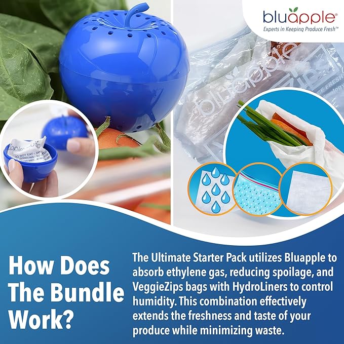 Bluapple Produce Saver Ethylene Gas Absorber & VeggieZips Ultimate Starter Pack Bundle - Fresh Vegetables & Fruits Saver, Produce Storage, Fruits & Veggies Keepers for Refrigerator, Regulates Humidity-NeatNest