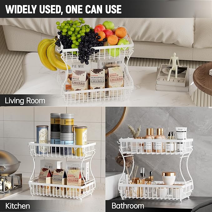 Fruit Basket,2-Tier Fruit Bowl with Banana Hanger,Kitchen Storage Countertop Rack,Fruit Metal Bowls Perfect for Holding Fruit,Vegetables,Snacks(White)