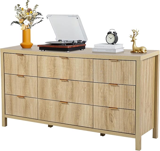 9 Drawer Dresser Cabinet, Long Nightstand with Drawers and Storage Cabinet, Boho Solid Wood Dresser TV Stand, Mid Century Modern Nightstand with 9 Drawer Dresser for Bedroom Closet (Natural)