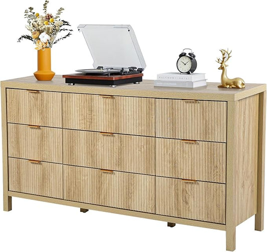 9 Drawer Dresser Cabinet, Long Nightstand with Drawers and Storage Cabinet, Boho Solid Wood Dresser TV Stand, Mid Century Modern Nightstand with 9 Drawer Dresser for Bedroom Closet (Natural)