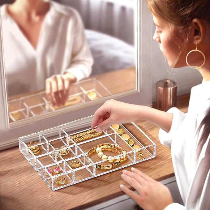 Amazing Abby - Jewel - 2-Pack Acrylic Jewelry Organizer, Plastic Jewelry Tray, Jewelry Case, Trinket Tray, Ring Holder, Perfect Storage Solution for Necklaces, Bracelets, Rings, and More